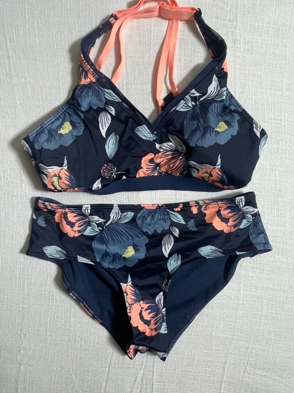 Roxy Navy Floral Bikini with Coral Straps